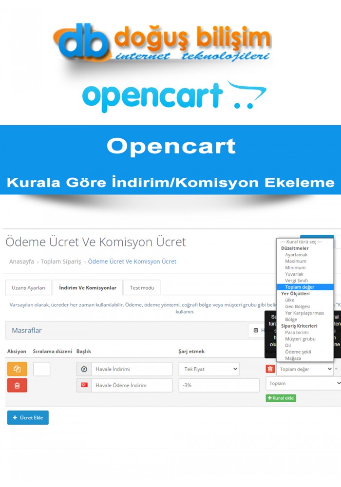 Opencart Sipariş Toplamında Kurala Göre İndirim yada Komisyon Ekeleme