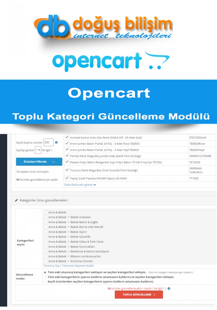 Opencart Admin Gelişmiş Ürün Toplu Kategori Güncelleme Modülü